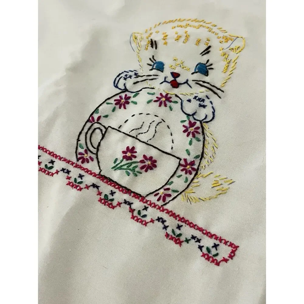 Hand Embroidered Dish Towel Napkins Set 4 Kitten Cats Grandma Chic Cottagecore